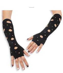 Sexy women punk black ripped fingerless gloves hollow out arm warmers gothic party costume