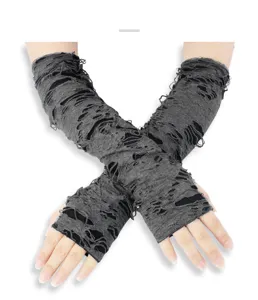 Distressed long fingerless arm warmers detail, dark punk gothic style black grey sleeves.