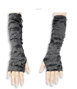 Dark punk long fingerless ripped arm warmers, distressed gothic knit gloves for women Halloween