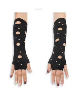 Dark punk style black fingerless gloves with hollow out design for women party wear.