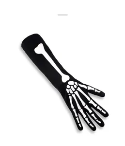 Halloween long black skeleton gloves with white bone print for spooky party costume dress up.