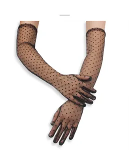 Elegant sheer mesh long black polka dot gloves for women, vintage style party bridal wear.