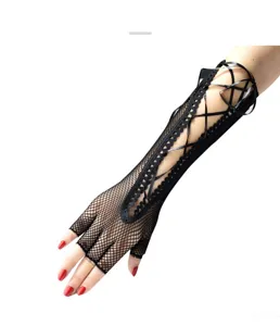 Guanti lunghi neri a rete senza dita stile punk allacciatura accessori da festa