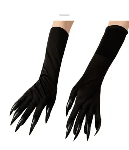 Detailed view of black Halloween claw gloves with long fake nails for cosplay and costume parties.