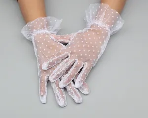 White polka dot lace mesh short gloves bridal wedding dress accessories breathable elegant stylish.