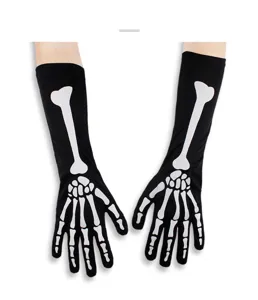 Close-up of Halloween skeleton printed black gloves, featuring detailed white bone design.