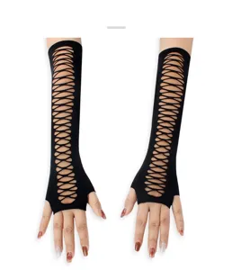 Black gothic fingerless arm sleeves with edgy cutout lace-up mesh design for party fashion outfits.