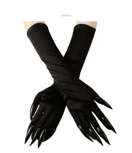 Close-up view of black long cosplay gloves featuring dramatic sharp claws for Halloween costumes.