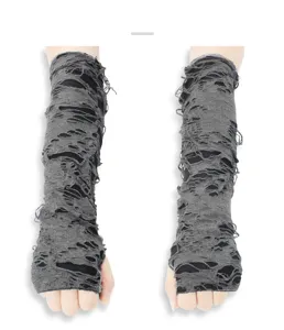 Dark punk style distressed fingerless arm sleeves, grey hollow out grunge gloves for women.