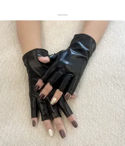 Black patent leather fingerless gloves for stage performance, dance, and cosplay events.