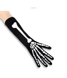 Halloween black skeleton arm gloves detail view, featuring white bone pattern for party.