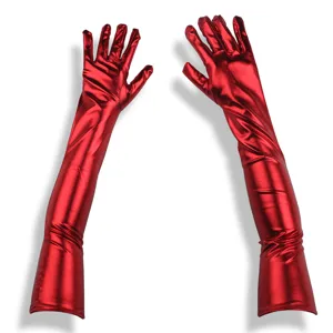 Glossy red faux leather long gloves, stretchy metallic costume gloves for stage performance.