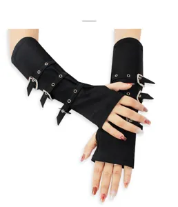 Punk style black fingerless gloves with metal buckles and eyelets for party costume.