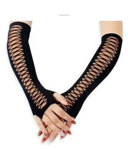 Black hollow out mesh fingerless gloves mid length punk gothic party costume arm warmers