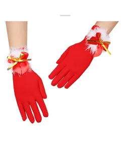 Christmas red gloves with plush cuffs and bows, perfect festive women party accessories.