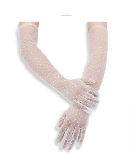 Elegant sheer polka dot lace gloves, vintage long mesh bridal wedding sun protection.