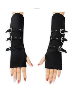 Detailed view of black punk style fingerless arm sleeves with multiple metal buckle straps.