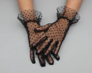 Women's black polka dot lace short gloves breathable sheer mesh wedding bridal gloves.