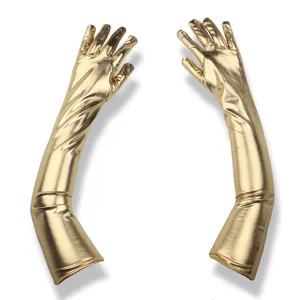 Close-up display showing the shiny metallic gold long faux leather gloves texture detail.