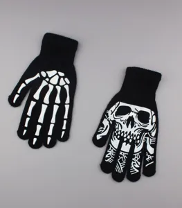 Halloween black knit gloves featuring spooky white skeleton hand and skull designs for adults.
