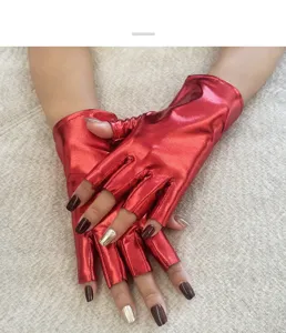 Glossy metallic red half-finger gloves for stage performance, hip-hop, party and cosplay.