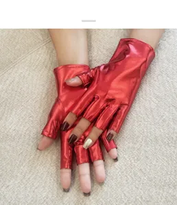 Metallic red fingerless gloves, shiny patent leather short stage performance cosplay gloves.