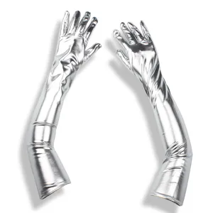 Close-up detail of shiny silver metallic long faux leather gloves, elastic stage performance wear.