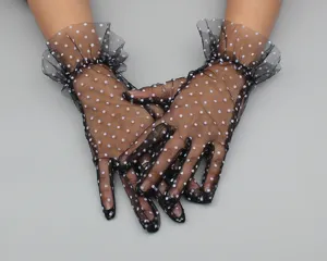Women sexy mesh polka dot short lace gloves ruffled cuffs bridal wedding party costume accessories.