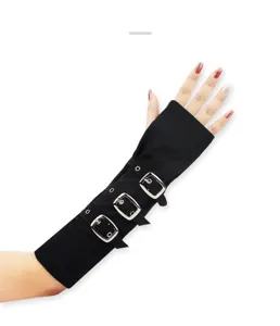 Detailed view of black punk style fingerless sleeve featuring metallic buckle straps.