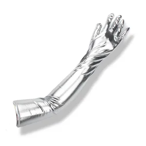 Silver metallic long gloves faux leather shiny opera gloves stage performance cosplay accessory