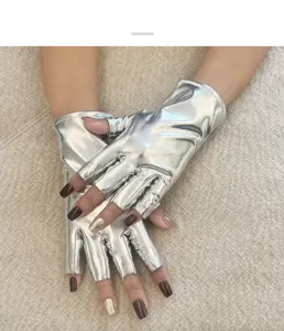 Silver metallic fingerless gloves detail view, stylish stage performance accessory design.