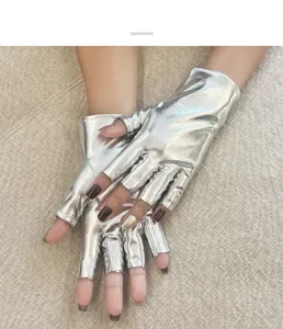 Shiny metallic silver fingerless gloves, perfect for stage performance, dance, and parties.