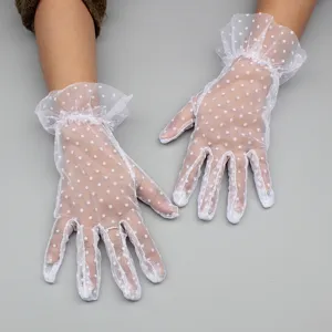 Women White Sheer Polka Dot Lace Gloves Ruffled Short Bridal Wedding Dress Accessory