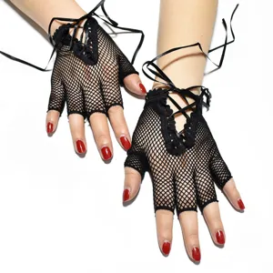 Guanti a rete neri senza dita con lacci in nastro, perfetti per feste punk e stile retro.