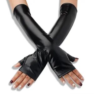 Women Sexy Fingerless Patent Leather Gloves Long Glossy Wet Look Punk Gothic Costume Party Performance Gloves
