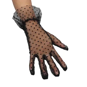 Women black sheer mesh polka dot short gloves elegant lace ruffled bridal wedding accessories