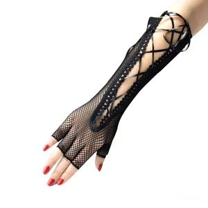 Guanti lunghi a rete senza dita neri punk gotico lacci scaldabraccia accessori per feste