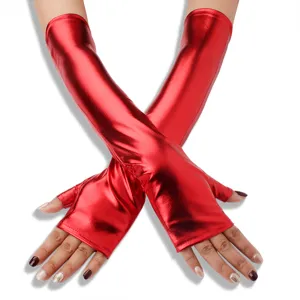 Red metallic patent leather fingerless gloves for cosplay and party. Long shiny gloves.