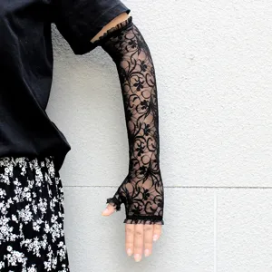 Women Long Lace Fingerless Gloves Sun Protection Sleeves Thin Mesh Driving Gloves