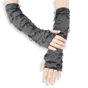 Women Punk Distressed Long Fingerless Gloves Halloween Dark Gothic Black White Knit Arm Warmers
