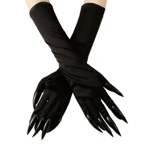 Black long claw gloves for Halloween cosplay, dramatic fake nails costume accessory.