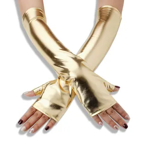 Gold metallic fingerless gloves, long shiny stretchy gloves for cosplay party and fashion wear.