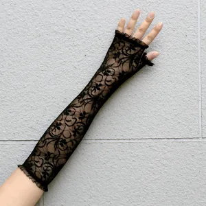Summer long black lace fingerless sun protection gloves mesh driving sleeves for women.