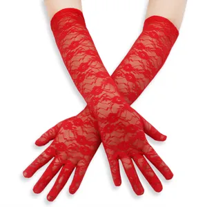 Long red lace gloves for women, sexy sheer five-finger bridal arm sleeves for summer sun.