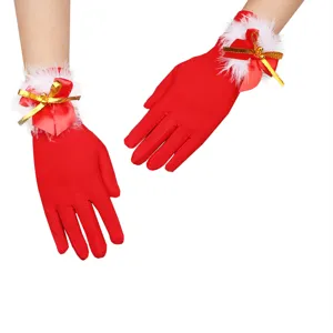 Christmas red plush gloves for women with white faux fur cuff and bow bell festive party wear.