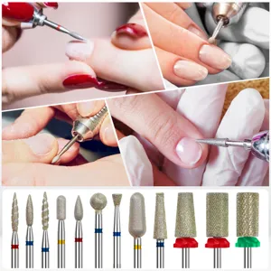 Vista dettagliata del set di punte per unghie in diamante per manicure russa, cuticole.