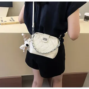 Elegante borsa a tracolla trapuntata da donna, borsa in pelle PU con simpatico orsetto.