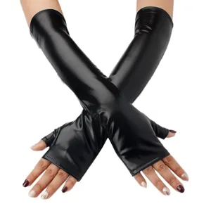 Black patent leather fingerless gloves, long stretch cosplay arm warmers for women.