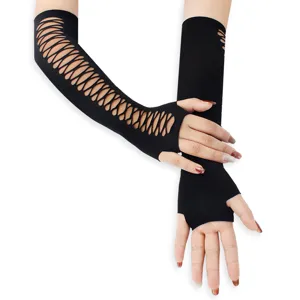 Sexy black hollow out fingerless gloves crisscross mesh arm warmers party gothic style.