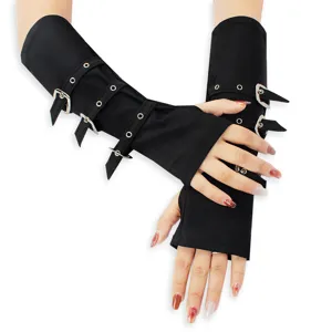 Gothic punk metal buckle fingerless gloves black arm warmers party costume accessories